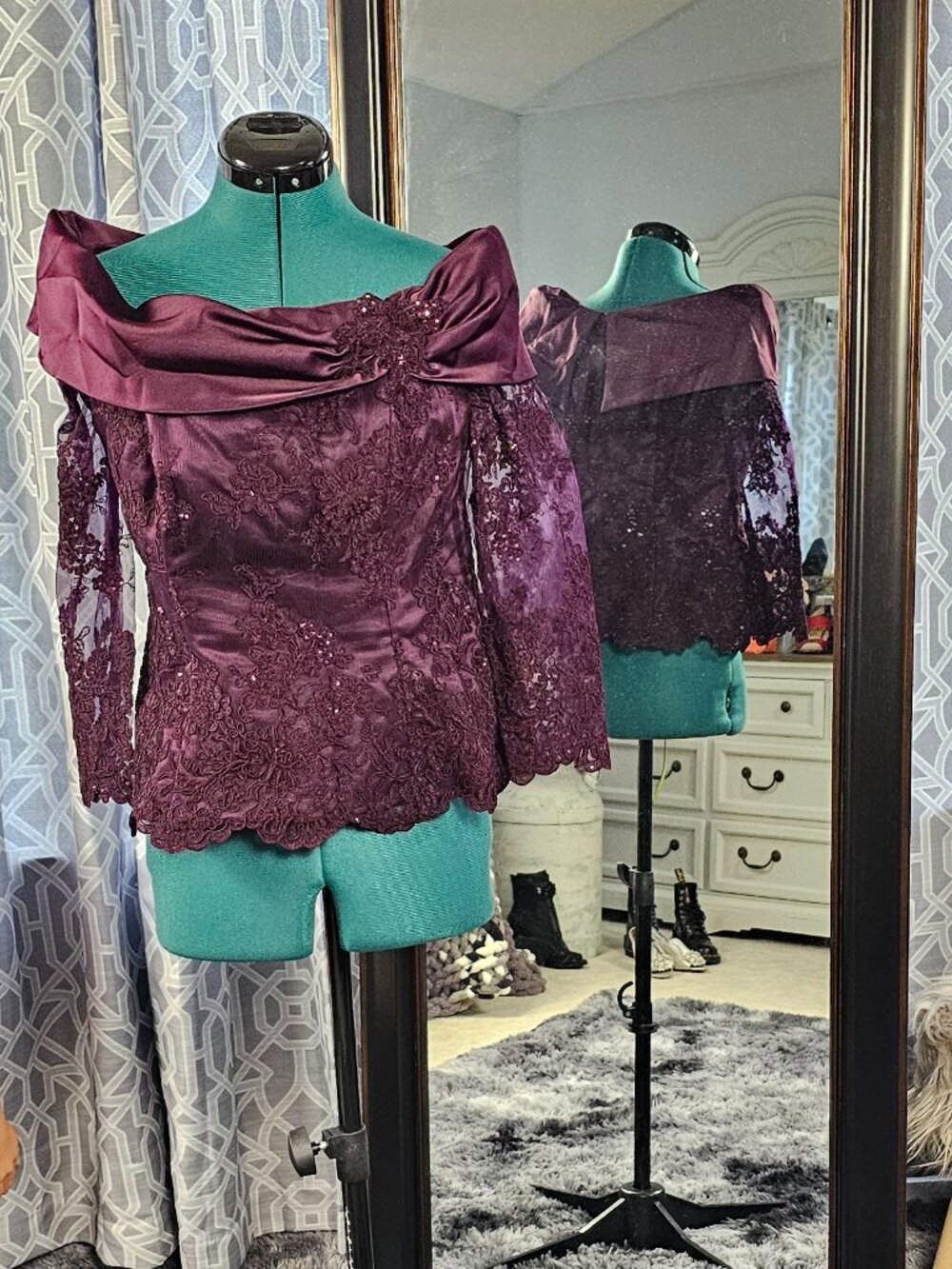 Tina di Martina Couture Off‑Shoulder Lace & Satin Evening Top, Plum